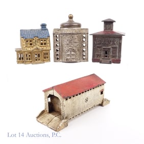 4 Cast Iron Still Banks In The Shape Of Buildings