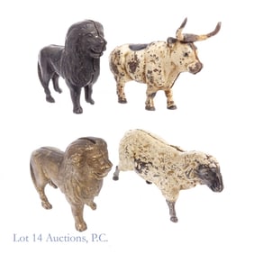 4 Cast Iron Still Banks Lions, Sheep & Cow