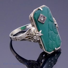 12k - 14 k W Gold Ring - Green Glass + Diamond
