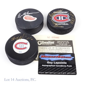 3 Signed Hockey Pucks - Bowman, Lapointe