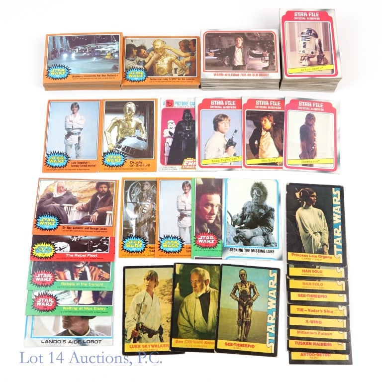 Star Wars, Empire, Wonder and Error Cards (+150): Star Wars, Empire, Wonder and Error Cards (+150). Star Wars 1977 Topps cards (orange background) ranging from #265-330, missing #272, 299, 301, 303, 323. 1980 Star Wars Empire Strikes Back Series 1 ca