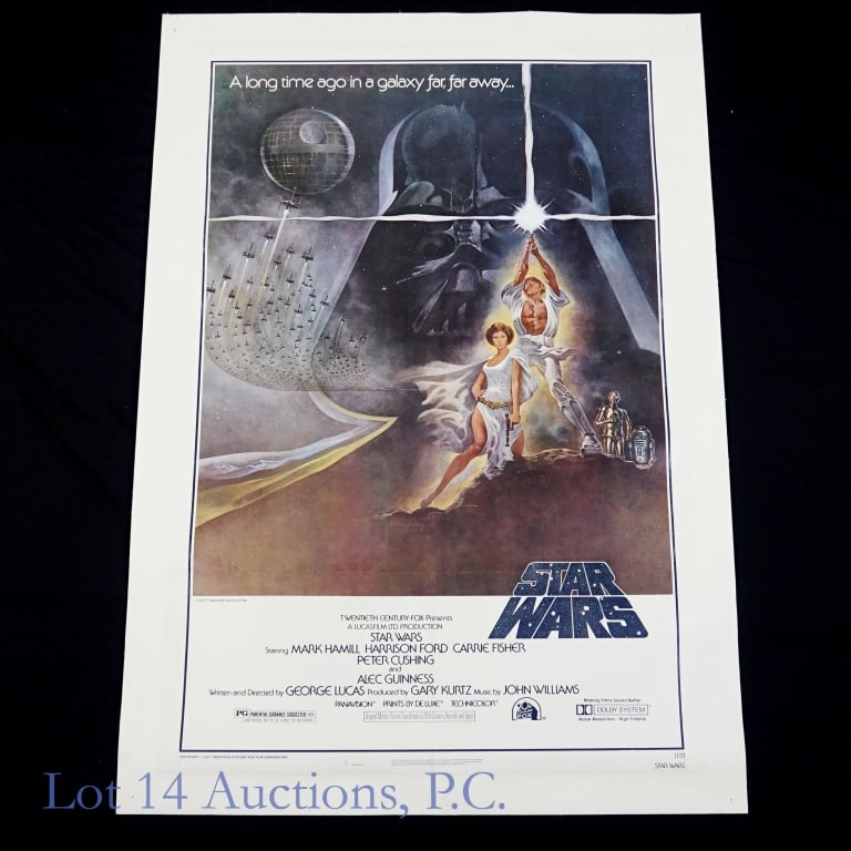 1977 Star Wars A New Hope Poster (77/21) (1-Sh): 1977 Star Wars Episode IV: A New Hope Theatrical Film Release Cinema Movie Poster (Style A - 77/21 - Version 2 - (V2) - "Star Wars" Text) (One Sheet - 1 Sheet - 27x41) (Linen Backed W/ Canvas - 32x45)