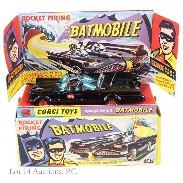 1966 Corgi Toys Rocket Firing Batmobile (CIB): 1966 Corgi Toys Rocket Firing Batmobile With Batman And Robin Die-Cast Scale Model Car (#267) (Complete In Box - CIB). The Batmobile was introduced into the Corgi range after the popularity of the 196