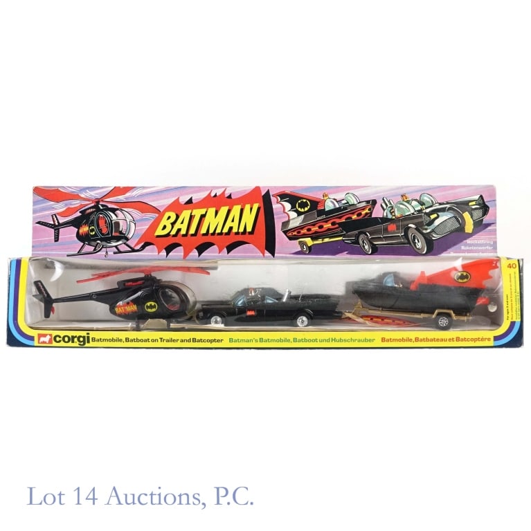 1976 Corgi Batman Gift Set 40 (4 pieces): 1976 Corgi 4-piece Batman Gift Set 40. This set appears to be new in package, however it also appears that the decals on both sides of the bat-boat has fallen off (though both are present in the packa