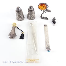 Sterling Silver S&P, Towle Pen, Amber Sculpture