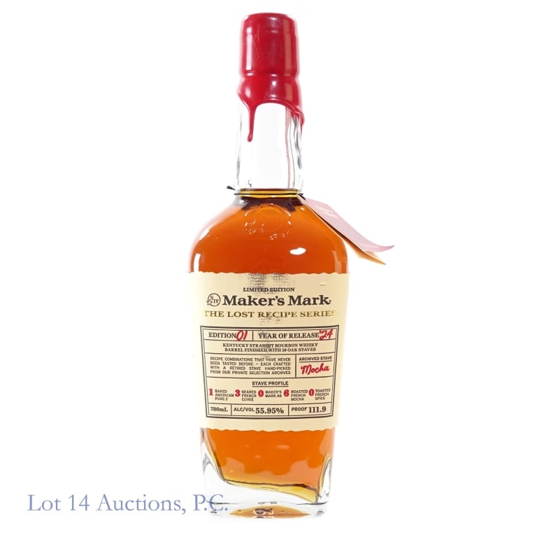 Maker's Mark The Lost Recipe Series Bourbon (2024): Maker's Mark The Lost Recipe Series Bourbon (2024), 111.9 Proof, 700 ml, Edition:1, Archives Stave: Mocha. Small scuff on upper front label along with slight ink residue. Minor scratches to wax seal b