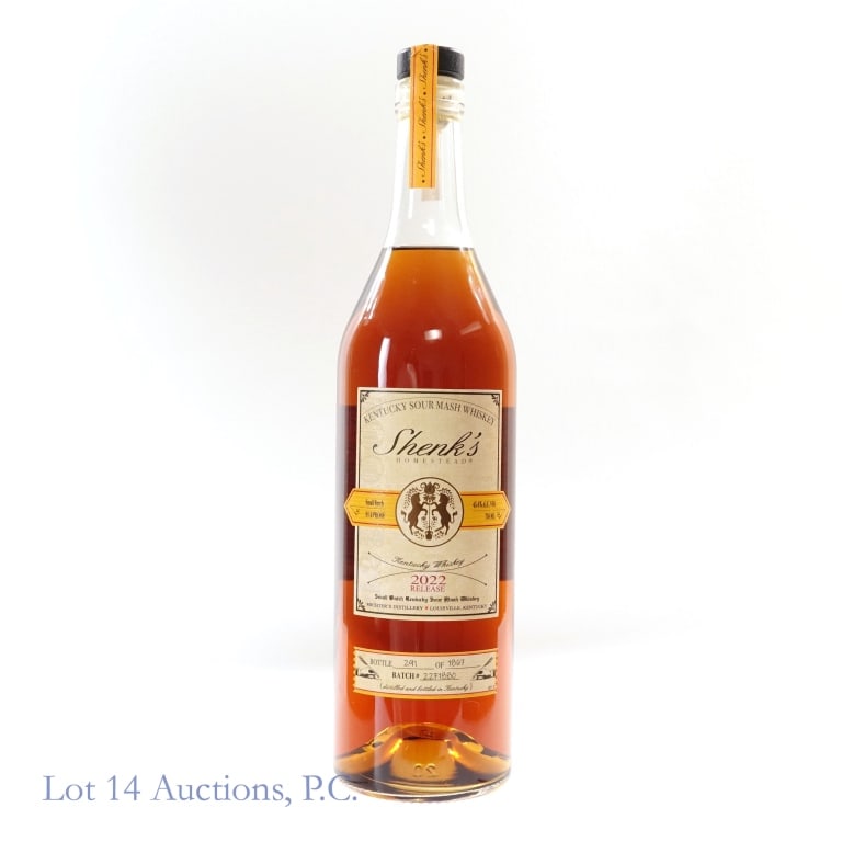 Shenk's Homestead Small Batch Whiskey (2022): Shenk's Homestead Small Batch Sour Mash Whiskey (2022, 91.2 Proof, 750 ml, Batch #22F1880, Bottle #291 of 1867 bottles.
