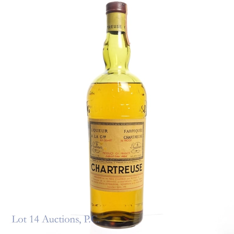 Chartreuse Yellow Liqueur (4/5 Quart): Chartreuse Yellow Liqueur, 86 Proof, 4/5 Quart, Schieffelin & Co Import, estimated to be circa 1950s-1960s. Tax strip torn off completely, bottle remains sealed. Fill at shoulder level. Please see pho