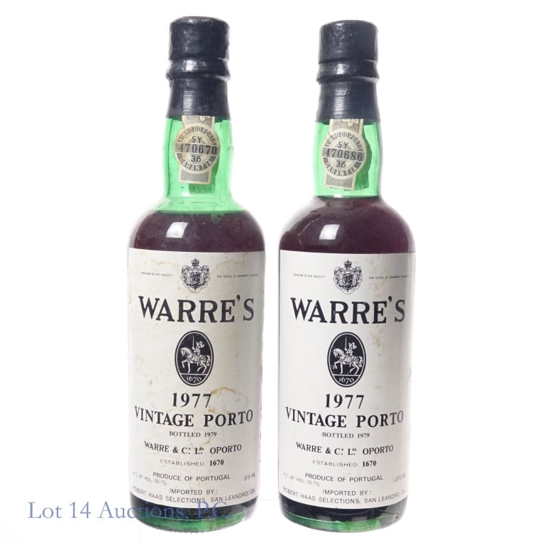 1977 Warre's Vintage Porto (2, 375 ml): 2 bottles total in this lot. 1977 Warre's Vintage Porto, 20.7% ABV, 375 ml. Bottled: 1979 (x2). rated 92 by Wine Advocate "This house makes rather restrained yet rich, flavorful vintage and a very goo