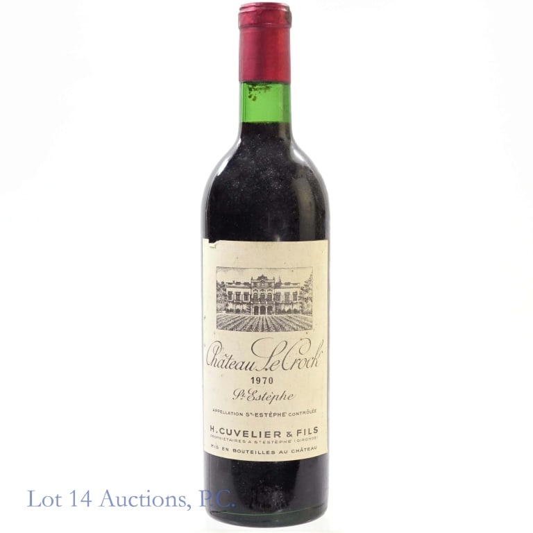 1970 Chateau Le Crock Saint-Estephe Bordeaux: 1970 Chateau Le Crock Saint-Estephe Bordeaux, %ABV: N/A, 750 ml, Vintage: 1970, Region: Bordeaux, France, Appellation: Saint-Estephe. Lot 14 Auctions recommends decanting prior to drinking to ensure t
