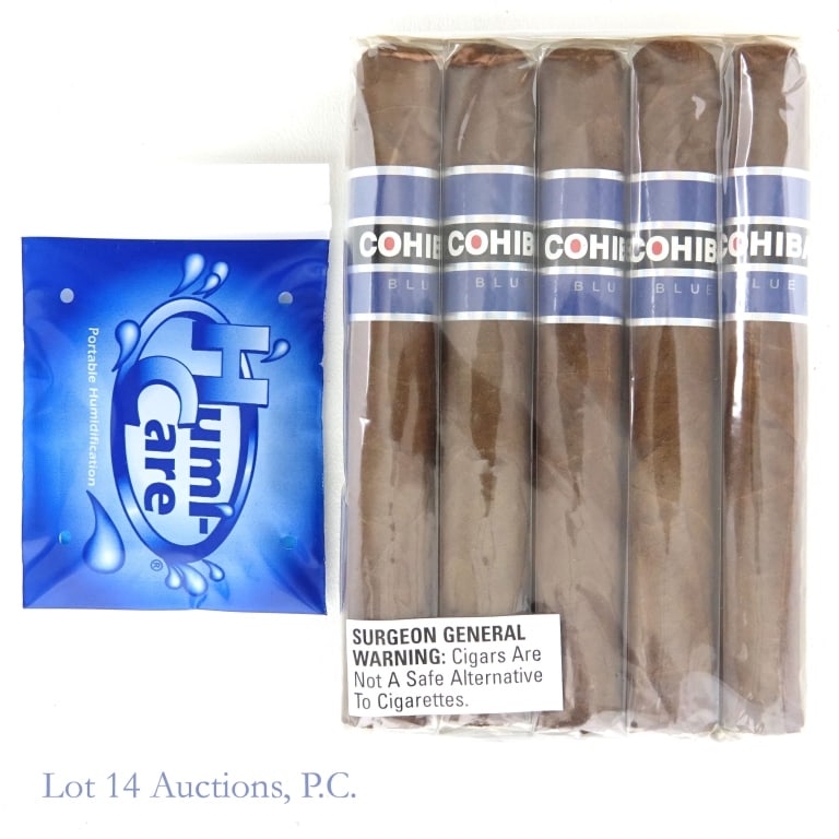 Cohiba Blue Robusto Cigars (5 Pack): Cohiba Blue Robusto Cigars, 5.5" x 50, Pack of 5, Medium strength, Wrapper: Honduras, Filler: Dominican, Honduras, Nicaragua. Consigner stored these cigars since original purchase in a humidity-contro