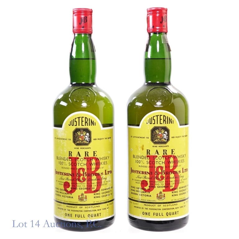 60s/70s J&B Rare Blended Scotch (2, 1 Qt): 2 bottles total in this lot. J&B Rare Blended Scotch, 86 Proof, 1 Quart, early 1960s-late 1970s bottling (x2). Tax strip on one bottle very worn and disintegrated but still intact. Tax strip on other 