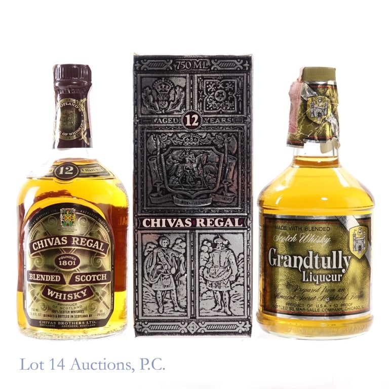 70s/80s Chivas Regal 12 Year & 80s Grandtully, 2: 2 bottles total in this lot. 1-Chivas Regal 12 Year Blended Scotch, 86 Proof, 750 ml, late 1970s-early 1980s tax bottling. Box included. 2-Grandtully Scotch Liqueur, 53 Proof, 750 ml, 1980s tax strip.