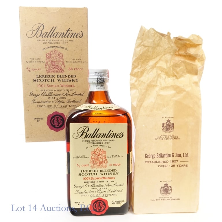 60s/70s Ballantine's Blended Scotch: Ballantine's Blended Scotch, 86 Proof, 4.5 Quart, early 1960s-late 1970s bottling, fill at shoulder level. Tax strip in good condition with only minor stains and tears. Original box included.