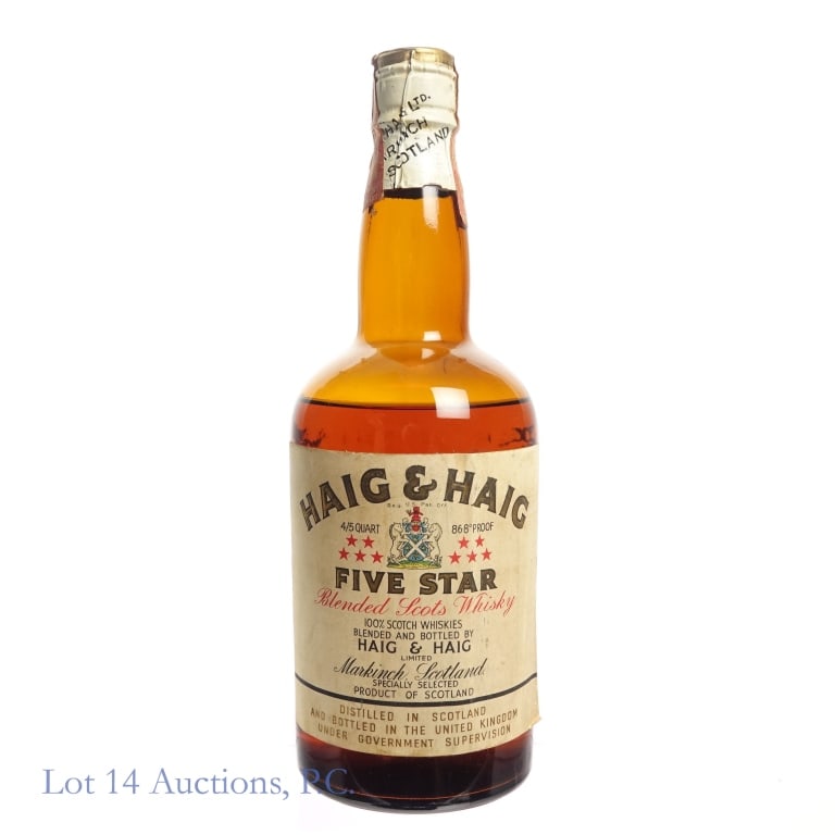 40s/60 Haig & Haig Five Star Blended Scotch: 40s/60 Haig & Haig Five Star Blended Scotch, 86.8 Proof, 4/5 Quart, early 1940s-1960 bottling. Wear on tax strip but overall intact.**Low fill, approximately 1" below neck.
