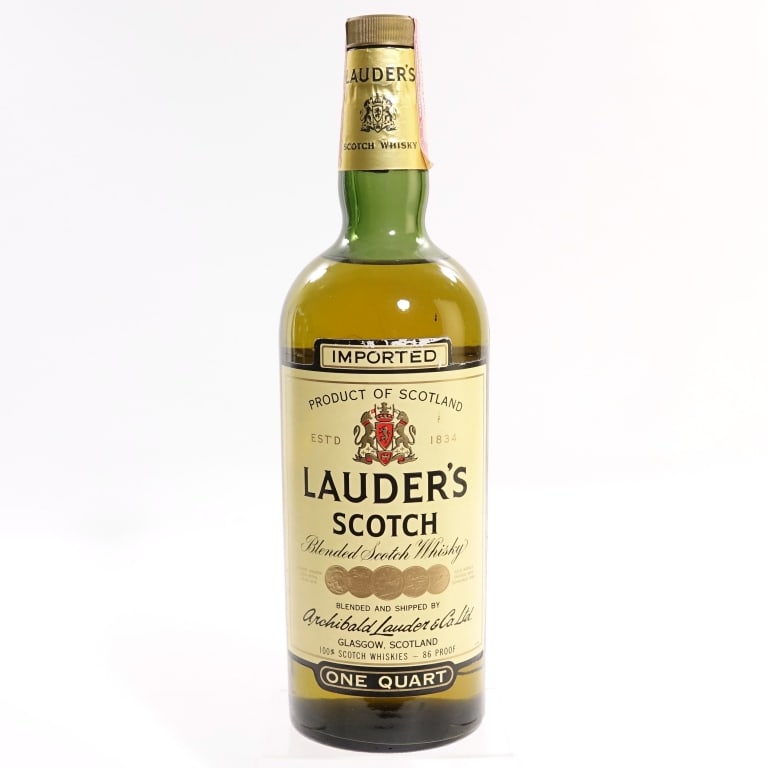 60s/70s Lauder's Blended Scotch (1 Qt): Lauder's Blended Scotch, 86 Proof, 1 Quart. Early 1960s-late 1970s bottling. Tax strip in good condition with little to no tearing. Slight fading on upper front and back labels.