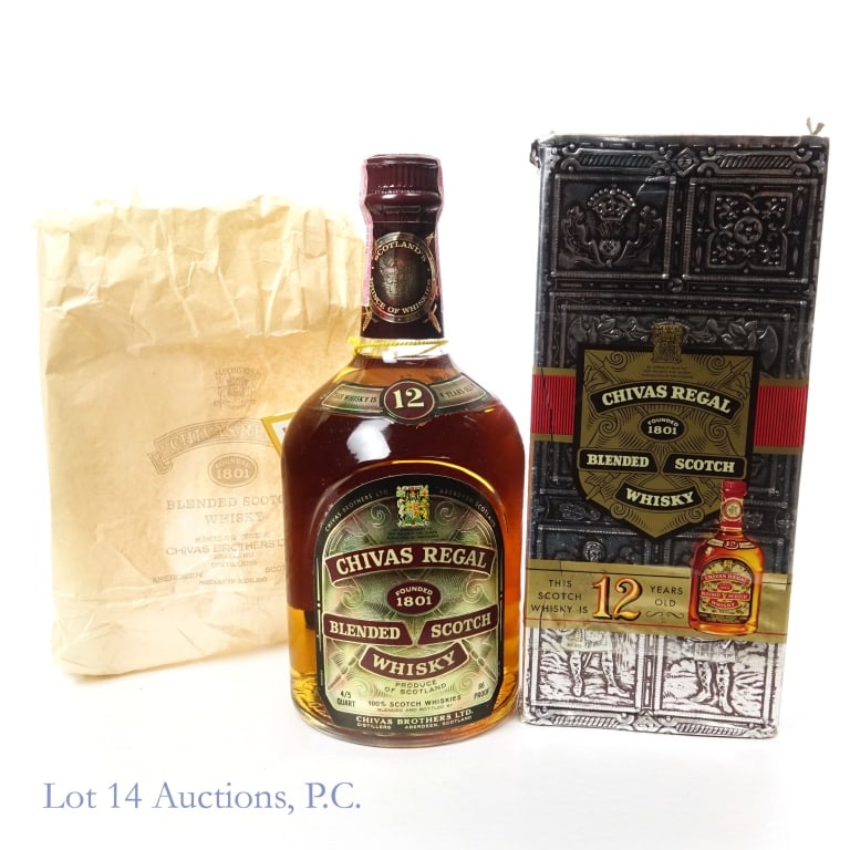 60s/70s Chivas Regal 12 Year Blended Scotch: Chivas Regal 12 Year Blended Scotch, 86 Proof, 4/5 Quart, early 1960s-late 1970s bottling. Tax strip in good condition with little to no tears. Box included, worn but intact.