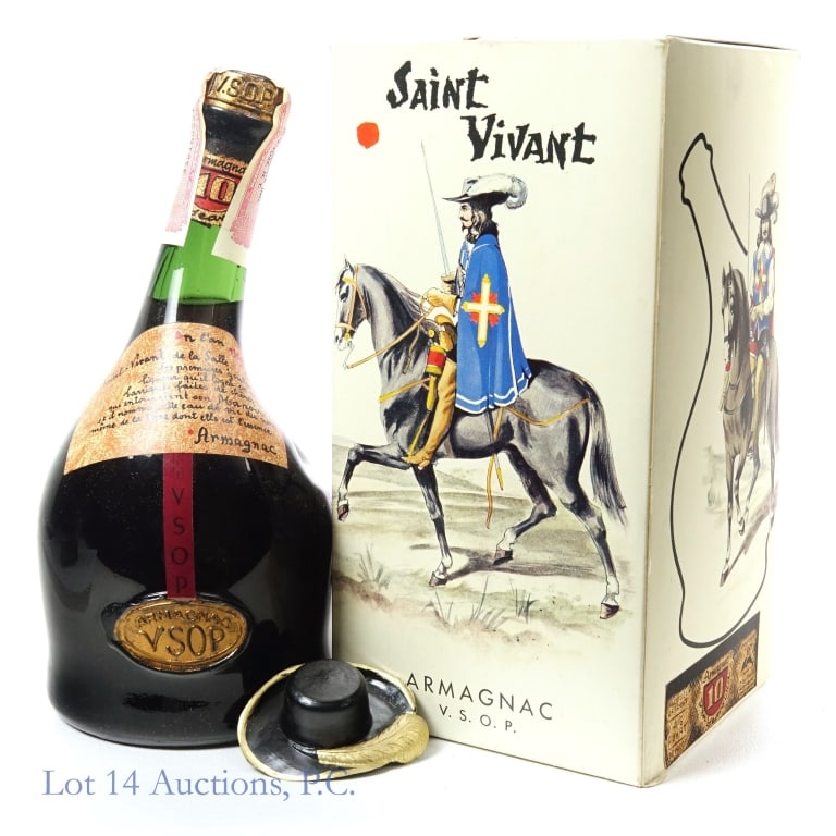 60s/70s St Vivant de la Salle 10 Yr VSOP Armagnac: Armagnac Saint Vivant de la Salle 10 Year VSOP Armagnac, 80 Proof, 4/5 Quart, early 1960s-late 1970s bottling. Bottle also includes a vintage "French hat" cork. Original box included.