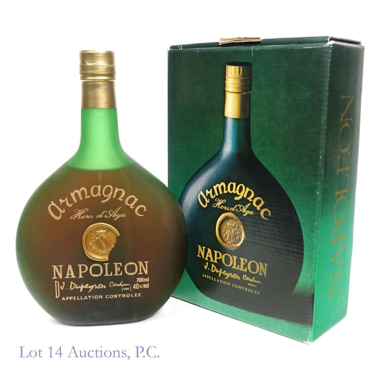 Dupeyron Napoleon Hors D'Age Armagnac: Dupeyron Napoleon Hors D'Age Armagnac, 80 Proof, 700 ml, estimated to have been bottled in the 1970s-1980s. Chip in wax medallion. Box included.