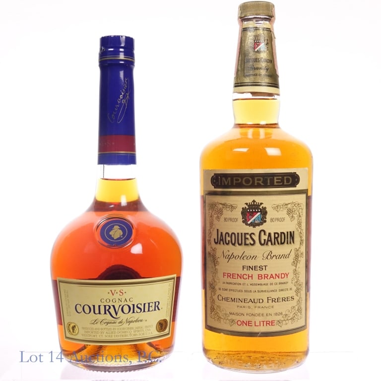 Courvoisier V.S. & Cardin Napoleon Brandy (2): 2 bottles total in this lot. 1-Couvoisier VS Cognac, 80 Proof, 750 ml. 2-Jacques Cardin French Brandy, 80 Proof, 1 Liter. Tax strip torn through on top but trip remains intact where screw cap and bott