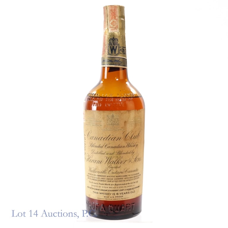 1937 Canadian Club 6 Yr Blended Canadian Whisky: Canadian Club 6 Year Blended Canadian Whisky, 90.4 Proof, 4/5 Quart, Distilled: 1937, Bottled: 1943. Fill approximately 1/2" below shoulder. Tax strip worn and faded but intact overall and in fair con