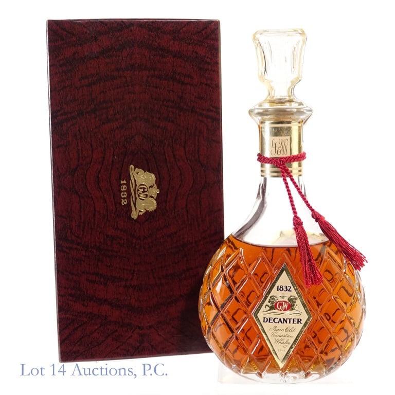 1947 G&W Rare Old Canadian Whisky Decanter: Gooderham & Worts Rare Old Canadian Whisky Decanter, Proof: N/A, 25 oz. Distilled: 1947, commemorating the 125th anniversary of Canada's oldest distillery founded in 1832. Distilled no less than 10 ye