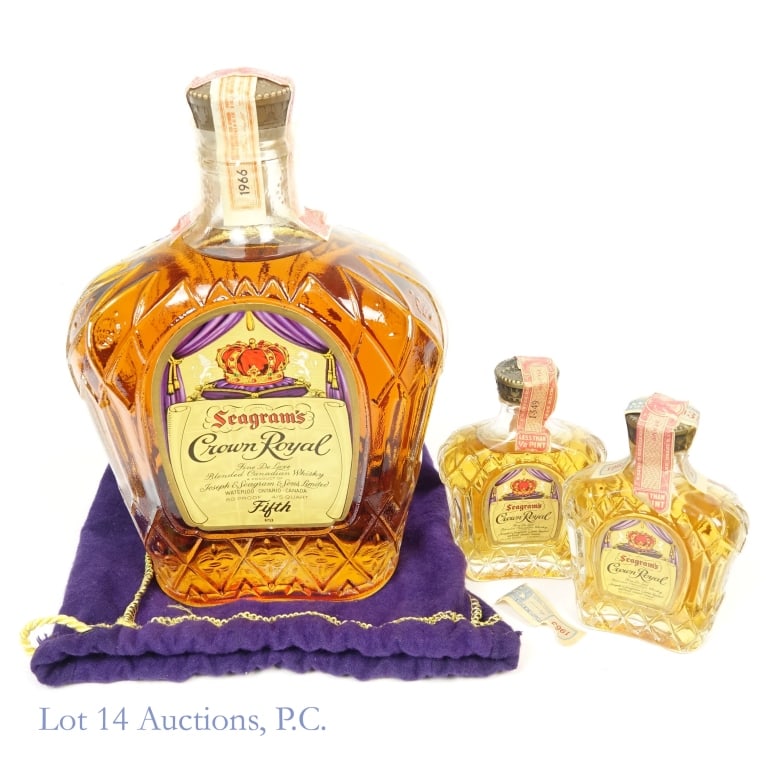 1966 Crown Royal Fine De Luxe Whisky & 2 CR Minis: 1 bottle and 2 minis total in this lot. 1-Crown Royal Fine De Luxe Blended Canadian Whisky, 80 Proof, 4/5 Quart, Distilled: 1966. Tax strip in good condition with only minor tears and stains. Bag incl