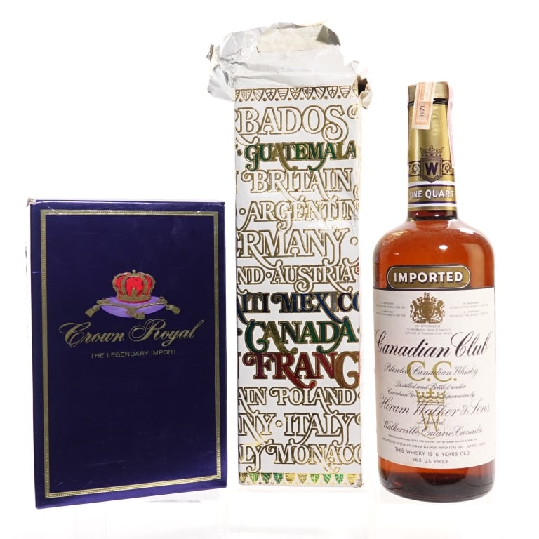 1977 Crown Royal & 1971 Canadian Club Whisky (2): 2 bottles total in this lot. 1-Crown Royal Fine De Luxe Blended Canadian Whisky, 80 Proof, 750 ml. Distilled: 1977. Tax strip in good condition with little to no tears. Box and bag included. 2-Canadia
