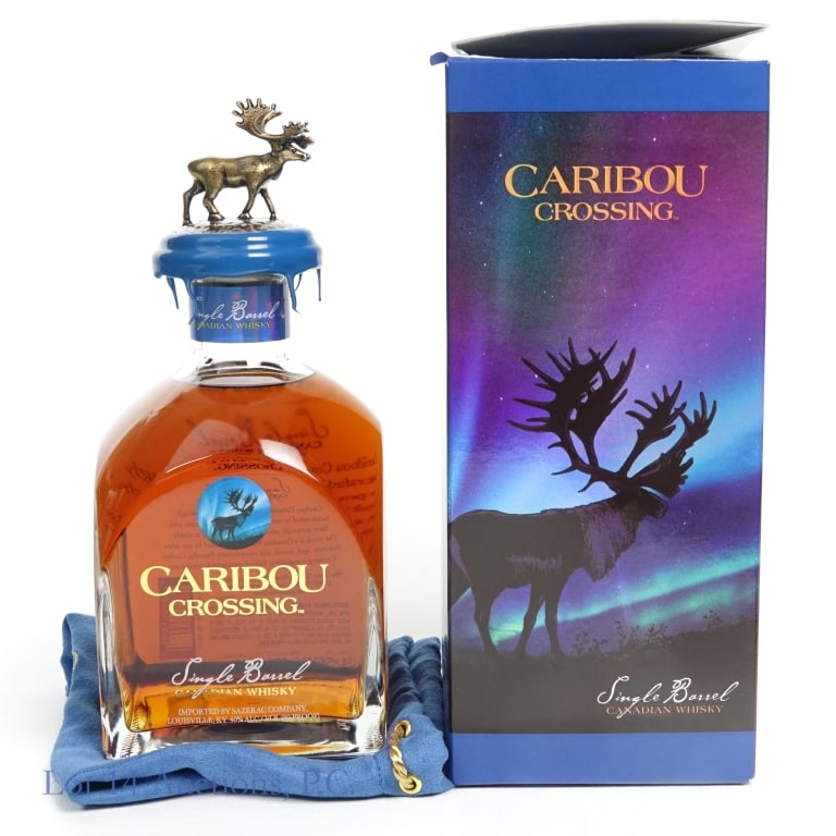 Caribou Crossing Single Barrel Canadian Whisky: Caribou Crossing Single Barrel Canadian Whisky (2024), 80 Proof, 750 ml, Box and bag included, box sliced on edge of lid.