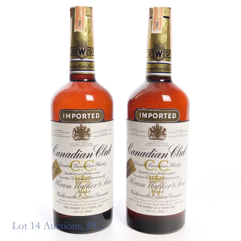 1962 Canadian Club 6 Yr Canadian Whisky (2, 1 Qt): 86.8 Proof, 1 Quart, Distilled: 1962 (x2) Very minor tears or fraying to tax strips but both are in good condition overall. Fill levels are also good for both bottles. 2 bottles total in this lot. Can