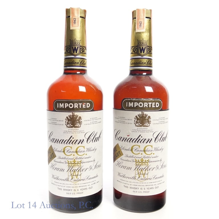 1962 Canadian Club 6 Yr Canadian Whisky (2, 1 Qt): 2 bottles total in this lot. Canadian Club 6 Year Blended Canadian Whisky, 86.8 Proof, 1 Quart, Distilled: 1962 (x2) Small tears or fraying to tax strips but both are in good condition overall. Fill l