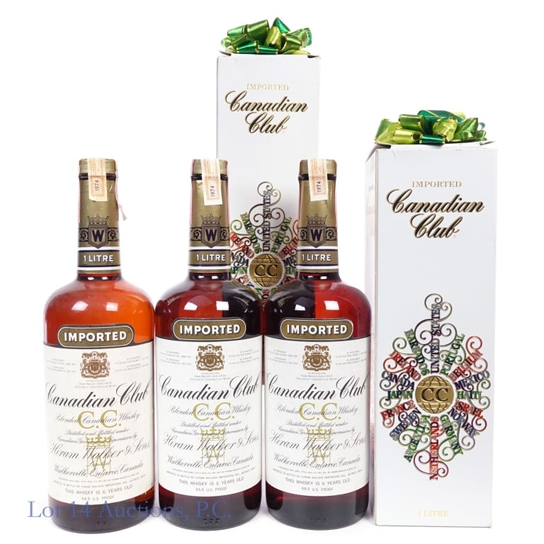 1974 Canadian Club 6 Year Canadian Whisky (3, 1 L): 3 bottles total in this lot. Canadian Club 6 Year Blended Canadian Whisky, 86.8 Proof, 1 Liter, Distilled: 1974 (x3). Boxes included for 2 of the 3 bottles.