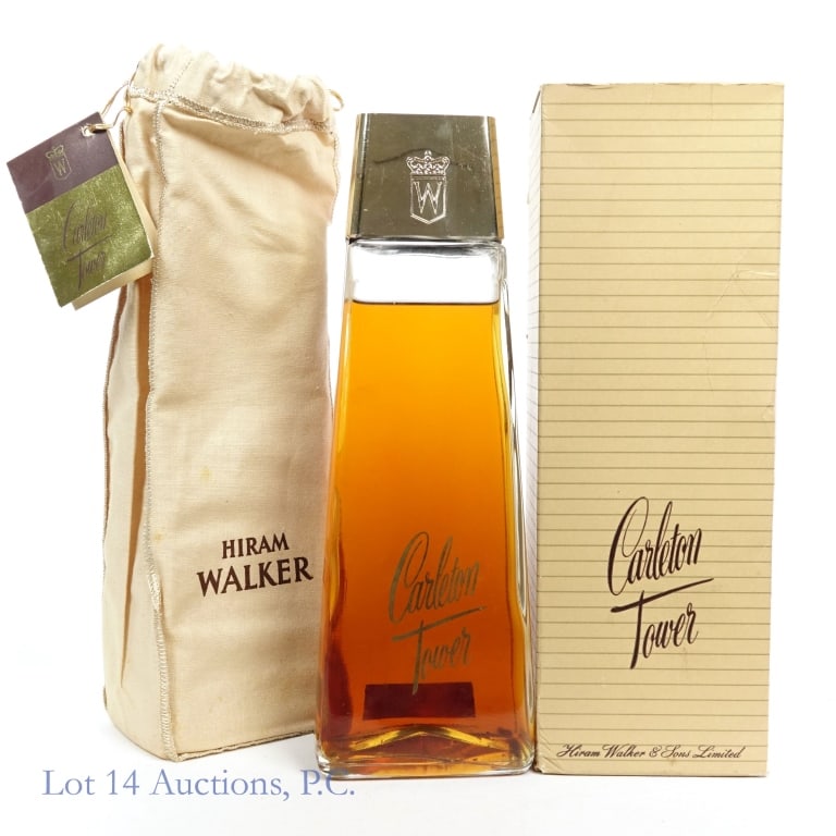 1947 Carleton Tower Rare Old Canadian Whisky: Carleton Tower Rare Old Canadian Whisky, Proof: N/A, 25 oz, Distilled: 1947. Tax strip in fair condition with little to no tears and only slightly scuffed. Original box and bag included.