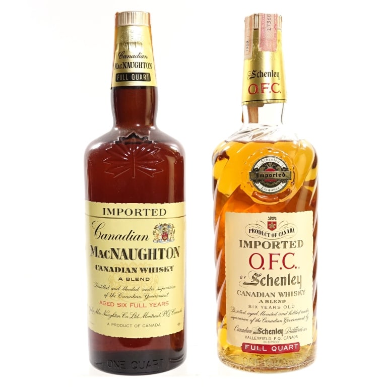 1959 Schenley 6 Yr OFC & MacNaughton Can Whisky, 2: 2 bottles total in this lot. 1-Schenley 6 Year OFC Blended Canadian Whisky, 86.8 Proof, 1 Quart, Distilled: 1959. Tax strip in fair condition with only slight peeling and minor tears. 2-MacNaughton 6 