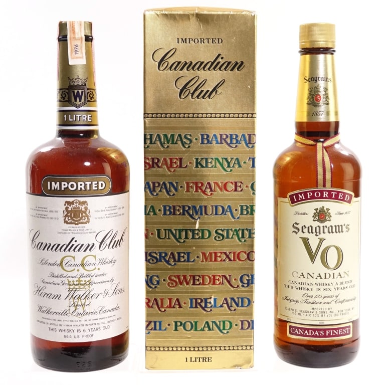 Seagram's VO & 1976 Canadian Club Can Whiskey (2): 2 bottles total in this lot. 1-Seagram's 6 Year VO Blended Canadian Whisky, 80 Proof, 750 ml. 2-Canadian Club 6 Year Blended Canadian Whisky, 86.8 Proof, 1 Liter, Distilled: 1976. Tax strip in good co