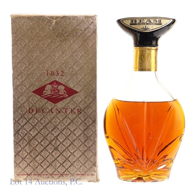 1959 Beam Bourbon Glass Leaf Decanter: Beam Bourbon Glass Leaf Decanter, 100 Proof, 4/5 Quart, Bottled: Fall 1959, Made: Spring 1953. Fill sightly below shoulder, approximately 2" below neck label. Tax strip in fair condition with only min