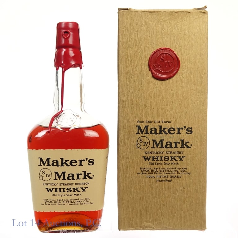 60s/70s Maker's Mark Bourbon: Maker's Mark Bourbon, 90 Proof, 4/5 Quart, early 1960s-late 1970s bottling. Tax strip in good condition with slight peeling and minor tears, no apparent cracks in wax. Box included.