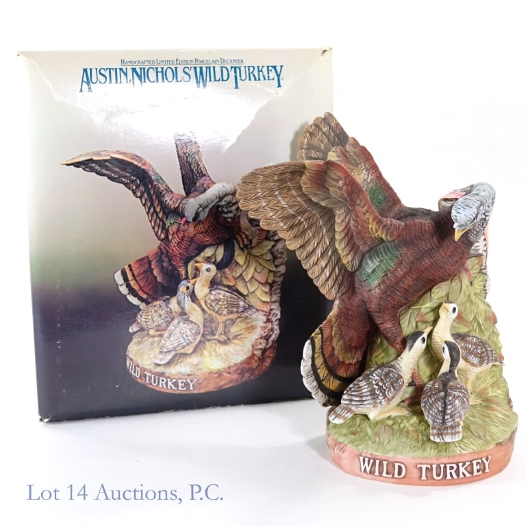 1984 Wild Turkey 8 Yr Bourbon Porcelain Decanter: 1984 Wild Turkey 8 Yr Bourbon Porcelain Decanter, 101 Proof, 750 ml, Limited Edition Series No.6 (wild turkey & poults). Decanter weighs approximately 4 Ib, 6.4 oz. Tax strip in good condition with on