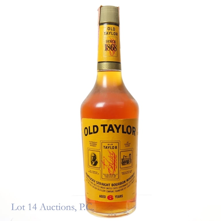 1980s Old Taylor 6 Year Bourbon: Old Taylor 6 Year Bourbon, 80 Proof, 750 ml, early-1980s tax strip, "80" glass molding. Slight residue on tax strip but overall in good condition with little to no tears.