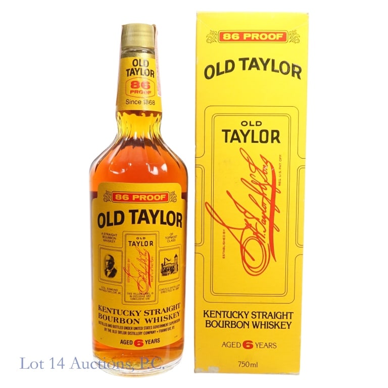 1980s Old Taylor 6 Year Bourbon: Old Taylor 6 Year Bourbon, 86 Proof, 750 ml, early-mid 1980s tax strip, "82" glass molding. Tax strip in good condition with little to no tears. Original box included, slightly worn but intact.