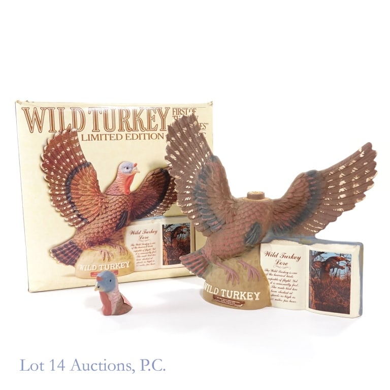1979 Wild Turkey 8 Year Bourbon Decanter**UNSEALED: 1979 Wild Turkey 8 Year Bourbon Decanter, 101 Proof, 750 ml, Limited Edition Lore Series II: No. 1, Bottle 185. Decanter weighs approximately 5 Ib, 1.5 oz.*****Turkey head detached and tax strip as we