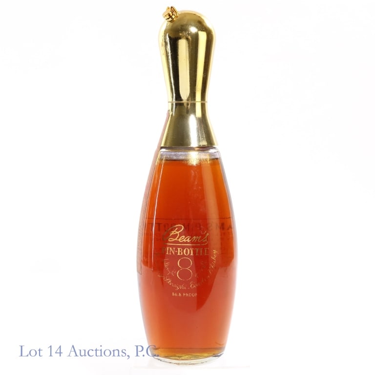 60s/70s Beam's 8 Yr Pin Bottle Bourbon Decanter***: Beam's 8 Year Pin Bottle Bourbon Decanter, 86.8 Proof, 4/5 Quart, early 1960s-late 1970s bottling.***Tax strip torn through but tear is very faint and decanter does not appear to have ever been opened