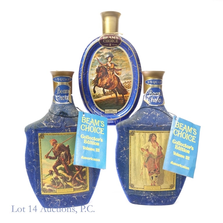 60s/70s Beam's Choice Bourbon Decanters (3): 3 decanters total in this lot. 1-Beam's Choice 8 Year Prince Baltasar Carlos Bourbon Decanter, 86 Proof, 4/5 Quart, Velazquez Artist Series, early 1960s-late 1970s bottling. Decanter weighs approximat