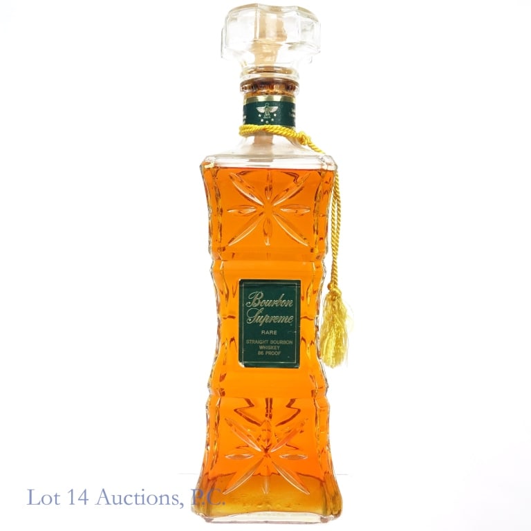 "70" Bourbon Supreme Rare Bourbon Decanter***OPEN: Bourbon Supreme Rare Bourbon Decanter, 86 Proof, 4/5 Quart, early 1960s-late 1970s tax strip, "70" glass molding****Tax strip torn completely through and bottle is UNSEALED. Please see photos for addi