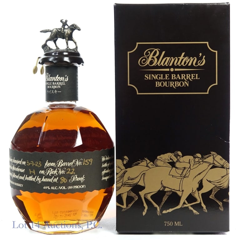 Blanton's Black Label Japanese SB Bourbon "S": Blanton's Black Label Japanese Single Barrel Bourbon, 80 Proof, 750 ml, Letter S, Dump Date: 03-07-23, Barrel #159, Bottle #175, Box included, slight dent on side of box.