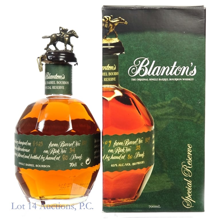 Blanton's Green Label Single Barrel Bourbon "O"***: Blanton's Green Label Single Barrel Special Reserve Bourbon, 80 Proof, 700 ml, Letter O, Dump Date: 08-07-23, Barrel #107, Bottle #29. ***Vertical crack in wax seal through and through and very loose.