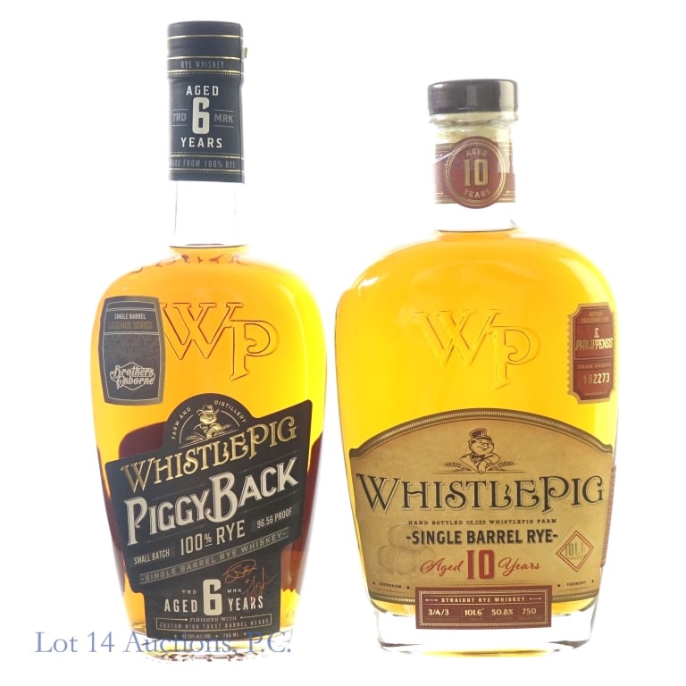 WhistlePig 10 Yr & 6 Yr PiggyBack Rye Picks (2): 1-WhistlePig 10 Year Single Barrel Rye, 101.6 Proof, 750 ml, S. Philippensis Private Selection, Barrel #102273. 2-WhistlePig 6 Year PiggyBack Single Barrel Rye, 96.56 Proof, 750 ml, Brothers Osborne P