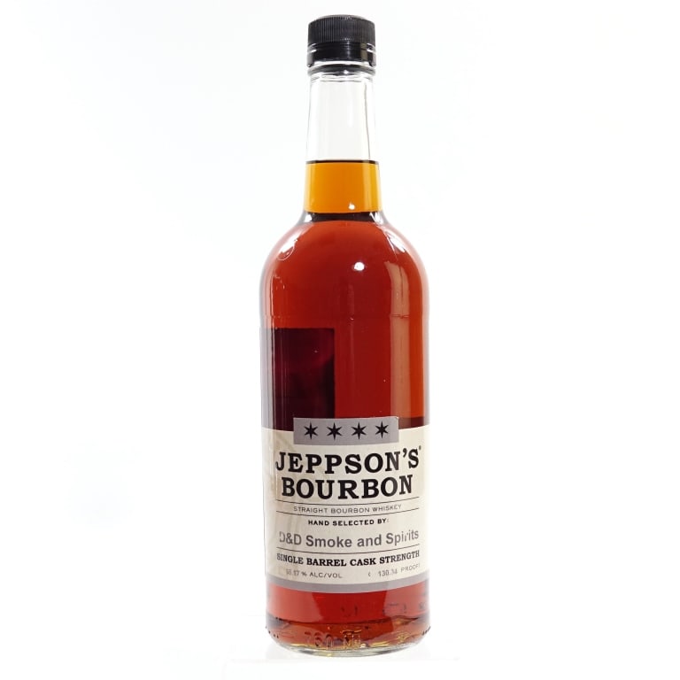 Jeppson's SB Cask Strength Bourbon Store Pick: Jeppson's Bourbon, 130.34 Proof, 750 ml, D&D Smoke & Spirits Private Selection, Luden's Wild Cherry Birthday Cake sticker on side of bottle.