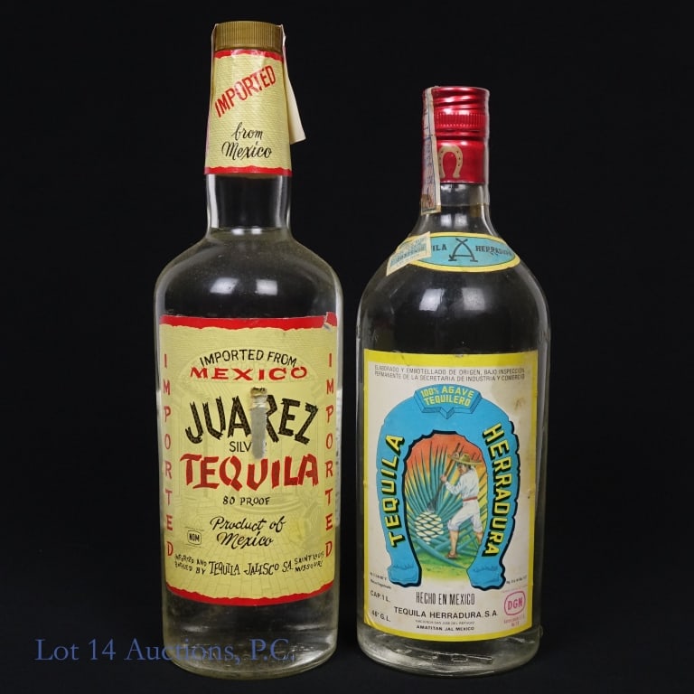 Juarez Silver & Herradura Tequila (2): 2 bottles total in this lot. 1-Juarez Silver Tequila, 80 Proof, 1 Quart, late 1970s-early 1980s bottling. Large tear on front label, slight wear on tax strip but in fair condition overall. 2-Herradura