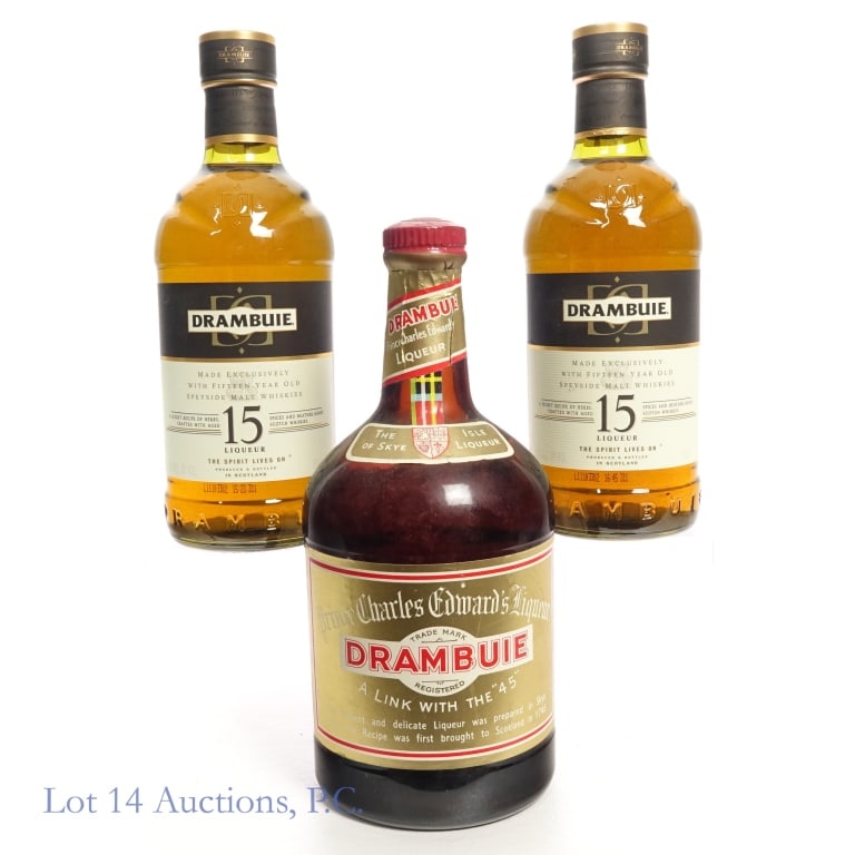 Drambuie 15 Yr & Prince Charles Edwards Liqueur, 3: 3 bottles total in this lot. 1-Drambuie 15 Year Liqueur, 86 Proof, 750 ml, made with 15 year old Speyside malt whiskies (x2). 2-Drambuie Prince Charles Edward's Liqueur, 80 Proof, 1 liter.